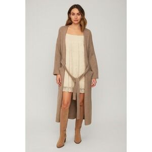 Maruco Maxi Long Grey Chunky Knit Duster Cardigan Sweater Belted Pockets Medium